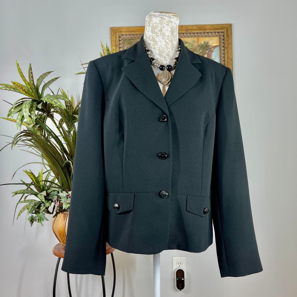 Worthington Blazer Women 16 Black Polyester Rayon Micro Dot 3-Button Office
